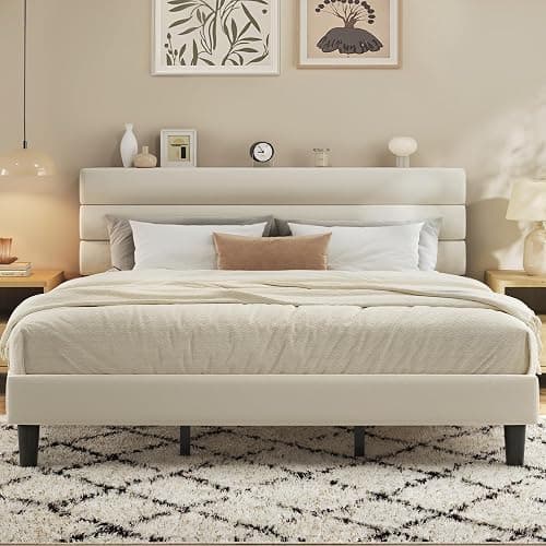 Fluest King Size Bed Frame, Platform Bed Frame with Velvet Upholstered Headboard, No Box Spring Needed, Sturdy Metal Support, Noise Free, Easy Assembly, Beige - Image 1