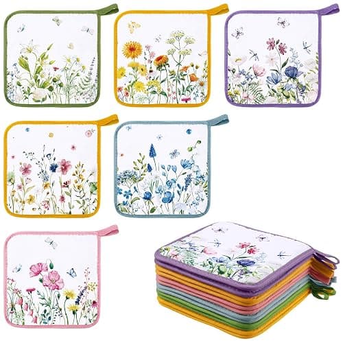 Bencailor 12 Pcs Pot Holders with Pocket Kitchen Hot Potholders Hot Pad Oven Mitts Cookie Bag Oven Gloves for Kitchen Gift Baking Cooking(Watercolor,Floral) - Image 1