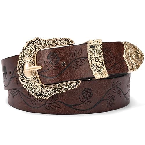Alphyly Neries Vintage Country Western Cowgirl Belt for Women | Western cowboy cowgirl-style adjustable brown country belt for jeans pants and dresses, 1.4" wide - Image 1
