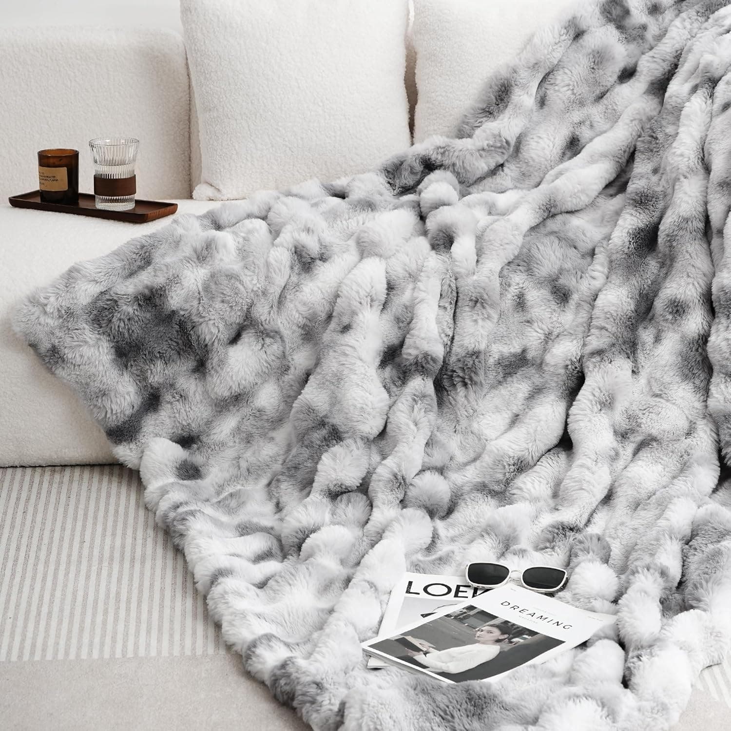Faux Fur Throw Blanket for Couch, Fuzzy Soft Plush Thick Bubble Blanket for Sofa Bedroom Living Room (Tie-dye Grey, 130x160 cm) - Image 1