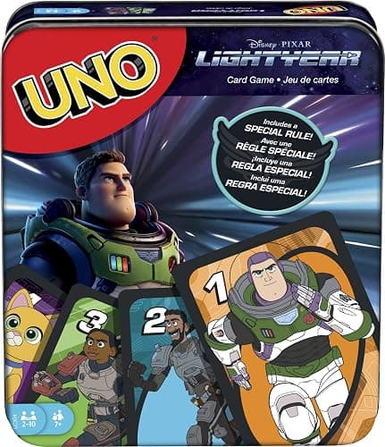 Mattel Games UNO Disney and Pixar Lightyear Card Game in Collectible Storage Tin, Movie-Themed Deck for Kids, Adults, Families & Parties, 2 to 10 Players - Image 1