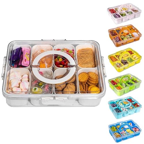 WACOI Divided Snack Serving Tray with Lid and Handle travel Snackle Box Charcuterie Container Portable Storage Organizer for Candy, Fruits, Nuts, Snacks 1Pack White - White - 1 Pack-8 Compartments - Image 1