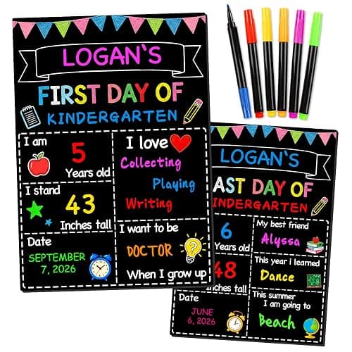 First Day of School Sign 14"x10" with Chalk Markers Double-Sided First and Last Day of School Board Reusable Wooden Colorful Chalkboard for Grades 1-12 Kindergarten Pre K Photography - Image 1