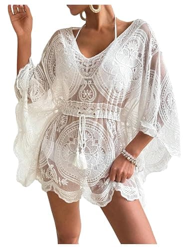 SweatyRocks Women's Lace Beach Cover Up Embroidered 3/4 Sleeve Drawstring Loose Swimsuit Coverup Dress - Image 1