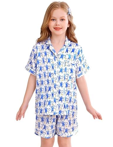 SWOMOG Kids Silky Satin Pajamas Set Girls Boys Button-Down Sleepwear Short Sleeve 2 Piece PJs Sets Lounge Sets - Image 1
