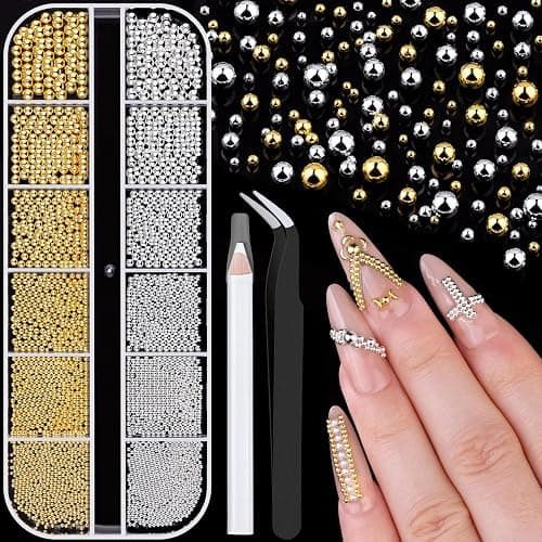 1-3MM Mini Small Nail Beads Metal Caviar Beads Silver Gold Nail Charms and Gems Ball, Nail Balls for Nail Art Accessories Supplies Gold Rhinestones for Women Manicure - 13 Small Silver and Gold Nail Beads - Image 1