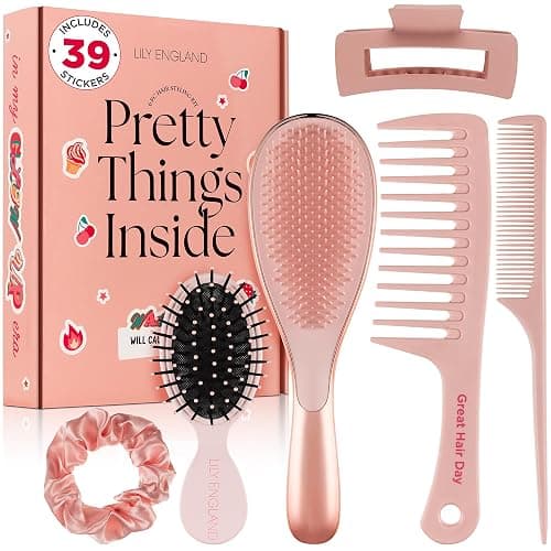 Lily England Detangle Hair Brush for Thick, Curly & Straight Hair - Fun Stocking Fillers for Teenage Girls & Kids with Decorative Stickers - Teenage Girl Gift (Rose Gold, 6 Pack + 39 Stickers) - Image 1
