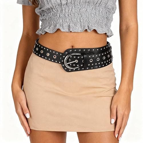 Yolev Black Studded Belt Wide Leather Rivets Belts For Jeans Pants Dresses Y2k Punk Rock Waist Belts With Metal Buckle Fashion Pu Leather Chunky Thick Belt For Women - Image 1