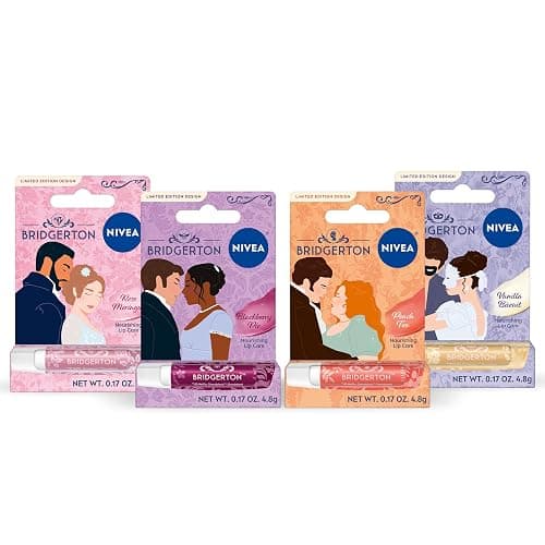 NIVEA Lip Care, Bridgerton Limited Edition Moisturizing Lip Balms with Shea Butter, Blackberry Pie, Peach Tea, Rose Meringue, and Vanilla Biscuit, Four 0.17 Oz Sticks - Image 1