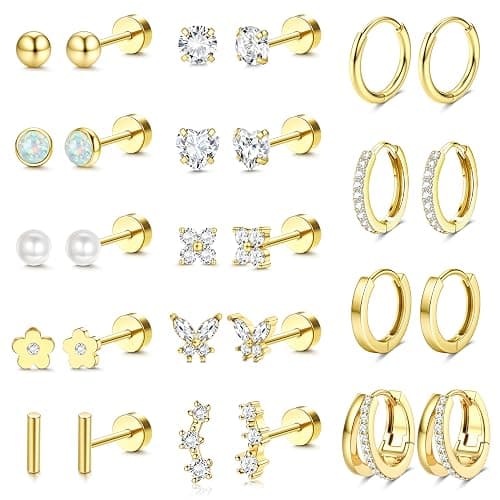 Hypoallergenic Flat Back Earrings - 14K Gold Plated Cartilage Earring Sets 20G Surgical Stainless Steel Earrings for Women Small Hoop Flatback Stud Earring Stacks Helix Conch Tragus Piercing Jewelry - Image 1