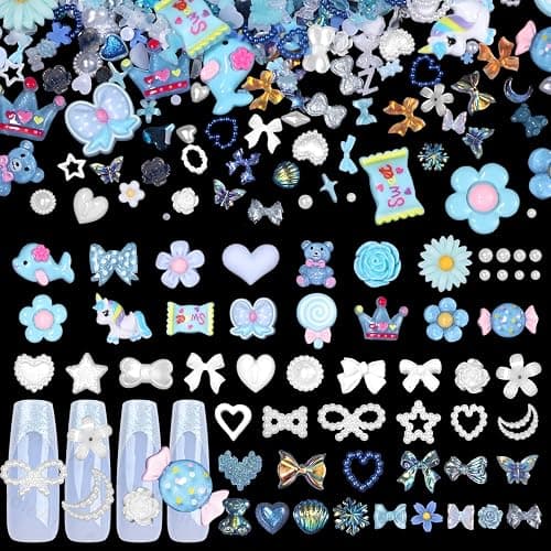 300 Pcs Blue Charms for Junk Cases, Cute Resin Nail Candy Flower Charms, 3D Mix Assorted Pearls Nail Charms, Multi Shapes Flower Bow Star Heart Junk Case Charms for Nail Art DIY Crafts Accessories - S3-blue candy - Image 1