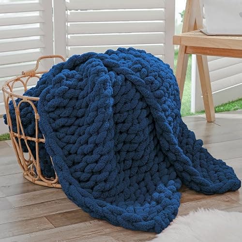 Bigacogo Chunky Knit Throw Blanket for Couch, 40x60 inches, 100% Hand Knitted with Thick Jumbo Chenille Yarn, Cozy Soft Large Rope Knot Cable Crochet Blankets for Sofa Bed Living Room, Navy Blue - Navy Blue - 40"x60" (Medium Size Throw) - Image 1