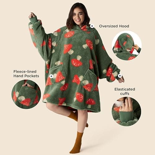 Bedsure Wearable Blanket Hoodie Mushroom Gifts for Women Men - Shaggy Sherpa Cozy Mushroom Hoodie Blanket for Adult Men, Warm Hooded Sweatshirt, Dark Green - Image 1