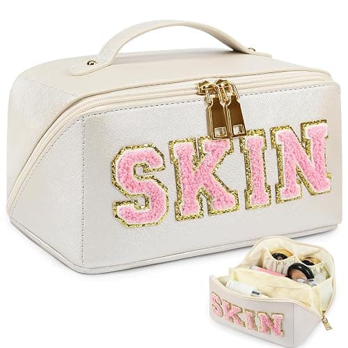 GINOYA Large Capacity Toiletries Bag, Birthday Gift for Girl, Ladies Makeup Organiser Bag with Skin for Skincare Preppy Makeup Pencil Case Cosmetic Travel Pouch - Image 1
