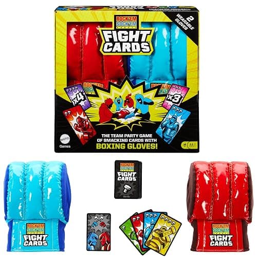 Mattel Games Rock ‘Em Sock ‘Em Robots Fight Cards Card Game, Team Party Game for Kids & Adults with 2 Boxing Gloves - Image 1