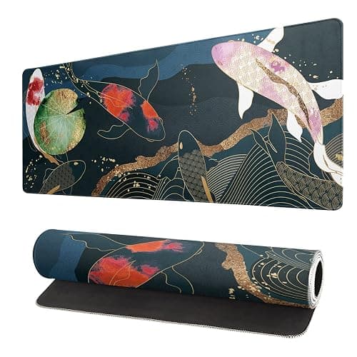 Japanese Gaming Mouse Pad XL - Extended Large Mouse Mat Desk Pad, Stitched Edges Mousepad, 3mm Thick Long Non-Slip Rubber Base Mice Pad, 31.5 X 11.8 Inch - Koi Fish Art - Image 1