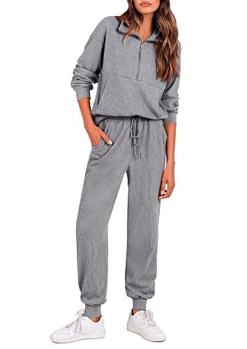 PRETTYGARDEN Womens 2 Piece Sweatsuits Set Long Sleeve Half Zip Pullover Sweatshirt Joggers Sweatpants Outfits Tracksuit - X-Large - Grey - Image 1