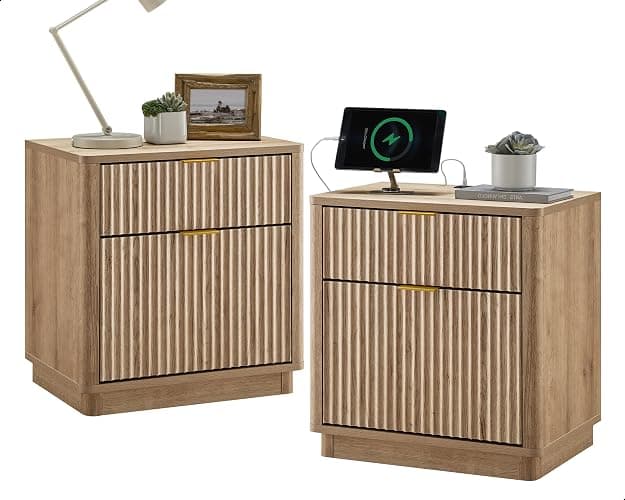 T4TREAM 23'' Fluted Nightstand Set of 2 with Charging Station, Large 2 Drawer Bedside Table, Modern End Table with Storage, Mid Century Night Stand for Bedroom Living Room, Curved Profile, Natural Oak - Image 1