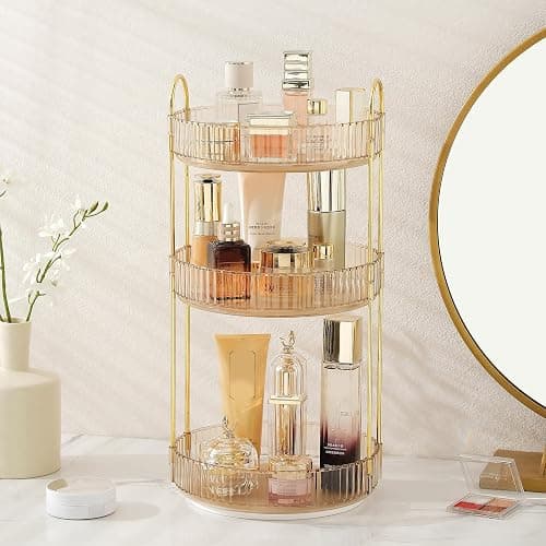Aveniee Rotating Makeup Organizer for Vanity, 3 Tier Perfume Skincare Organizers and Storage for Bathroom Countertop, Clear Spinning Counter Shelf Cosmetic Holder for Dresser,Gold - Image 1