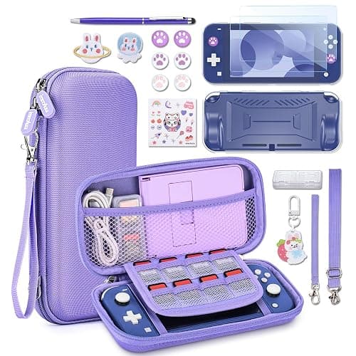 innoAura Switch Lite Case 18-in-1 Accessories Bundle for NS Switch Lite (2019), with Protective Carrying Case, Game Holder, Screen Protector & Cute Thumb Grips, Purple - Image 1