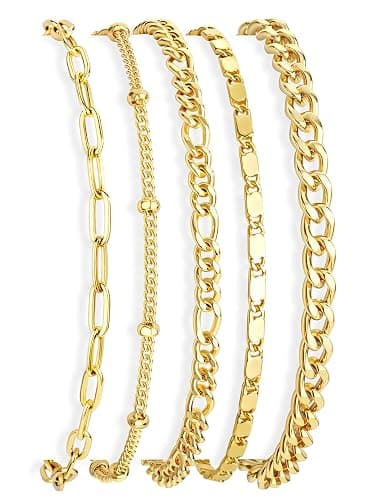 Gokeey Gold Bracelets Set for Women Non Tarnish Trendy,14K Gold Plated Dainty Stackable Paperclip Cuban Link Chain Bracelets, Simple Cute Cuff Bracelets Jewelry Set Adjustable 7"+2" - Image 1