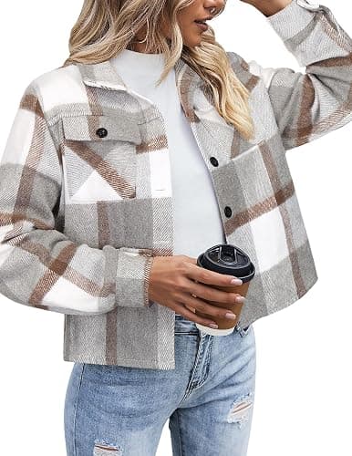 Zeagoo Flannels for Women Cropped Shacket Jacket Fashion Plaid Button Down Shirt 2026 Fall Coat Tops - Image 1