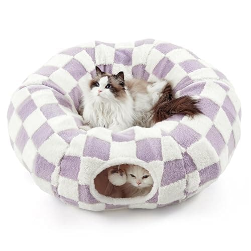 Lesure Cat Tunnel Bed for Indoor Cats - Cute Cat Donut Tunnel Toys for Small Large Cats with Washable Circle Cushion, Round Pet Peekaboo Cave Toy for Kitten/Puppy/Rabbit, Standard Lavender Checks - Image 1