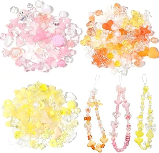170~210pcs Cute Assorted Beads for Jewelry Making Acrylic Kawaii Aesthetic Beads for Bracelets Making Flower Butterfly Bead Bulk Necklaces DIY Mobile Phone Chains (Yellow Pink Orange) - Image 1