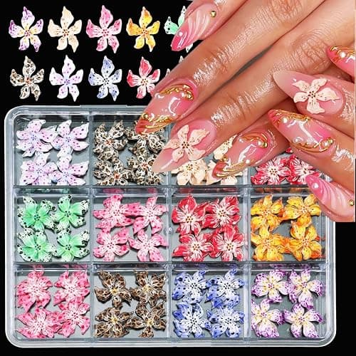 COOSLIM 60PCS Flower Nail Art Charms 3D Hawaii Flowers Nail Rhinestones Colorful Flower Nail Diamonds Hibiscus Floral Nail Gems Summer Nail Jewelry Tiny Flowers Nail Design for Women Nail Supplies - colorful-2 - Image 1