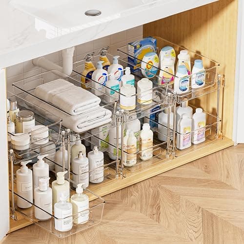 Vtopmart 4 Pack Bathroom Organizer, 2 Tier Clear Under Sink Organizers Vanity Countertop Storage Container,Cabinet Drawers Bins, Pull-Out Organization with Track for Pantry, Kitchen - Image 1