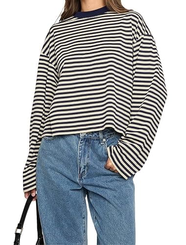 IWD Womens Striped Long Sleeve Shirts Y2k Oversized Drop Shoulder Sweatshirt Crewneck Color Block Pullover Tops - Image 1