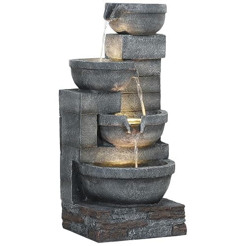 Outsunny 30" Tall Outdoor Waterfall Fountain with LED Lights, 4-Tier Resin Cascading Water Bowls with Pump, Gray - Image 1
