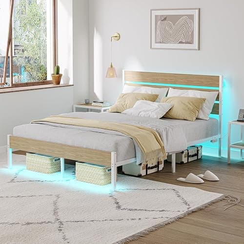 PUNICE Full Size Bed Frame with Charging Station, LED Light Metal Bed Frame with Wooden Headboard, No Box Spring Required, No Noise, Easy Assembly, White - Image 1