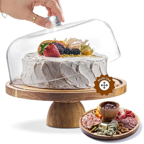 HOMESPHERE Wood Cake Stand with Lid, 2-in-1 Charcuterie Board, Round dome | Acacia Wood, 12in Cake Stand with Dome, Acrylic Cake Dome Cover, Charcuterie Board for Cheese, Chips & Dips, Fruit Platter - Image 1
