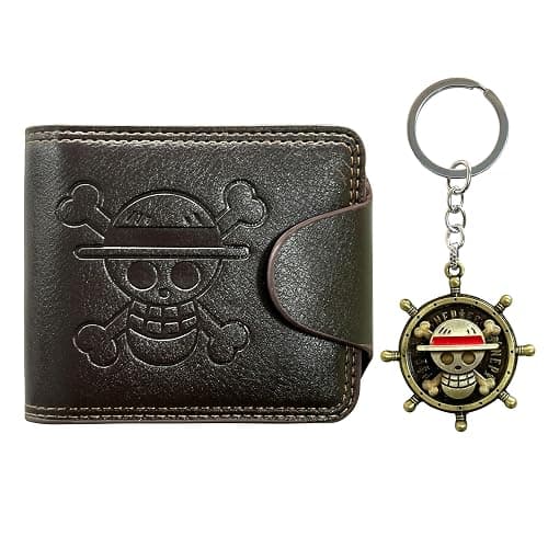 UZYEAOZM OP Bifold Wallet for Men, Straw Hat Luffy Skull Wallet and Keychain, Anime Fan Stylish Merch Gifts Dark Brown - Image 1