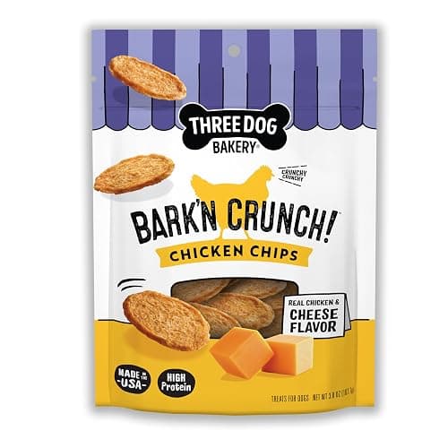Three Dog Bakery Bark'N Crunch! Chicken & Cheese Chips with 100% Real Chicken - 3.8 oz - Crunchy Treats for Dogs - High Protein Dog Snacks - Grain Free, No Corn or Soy, Limited Ingredient Treats - Image 1