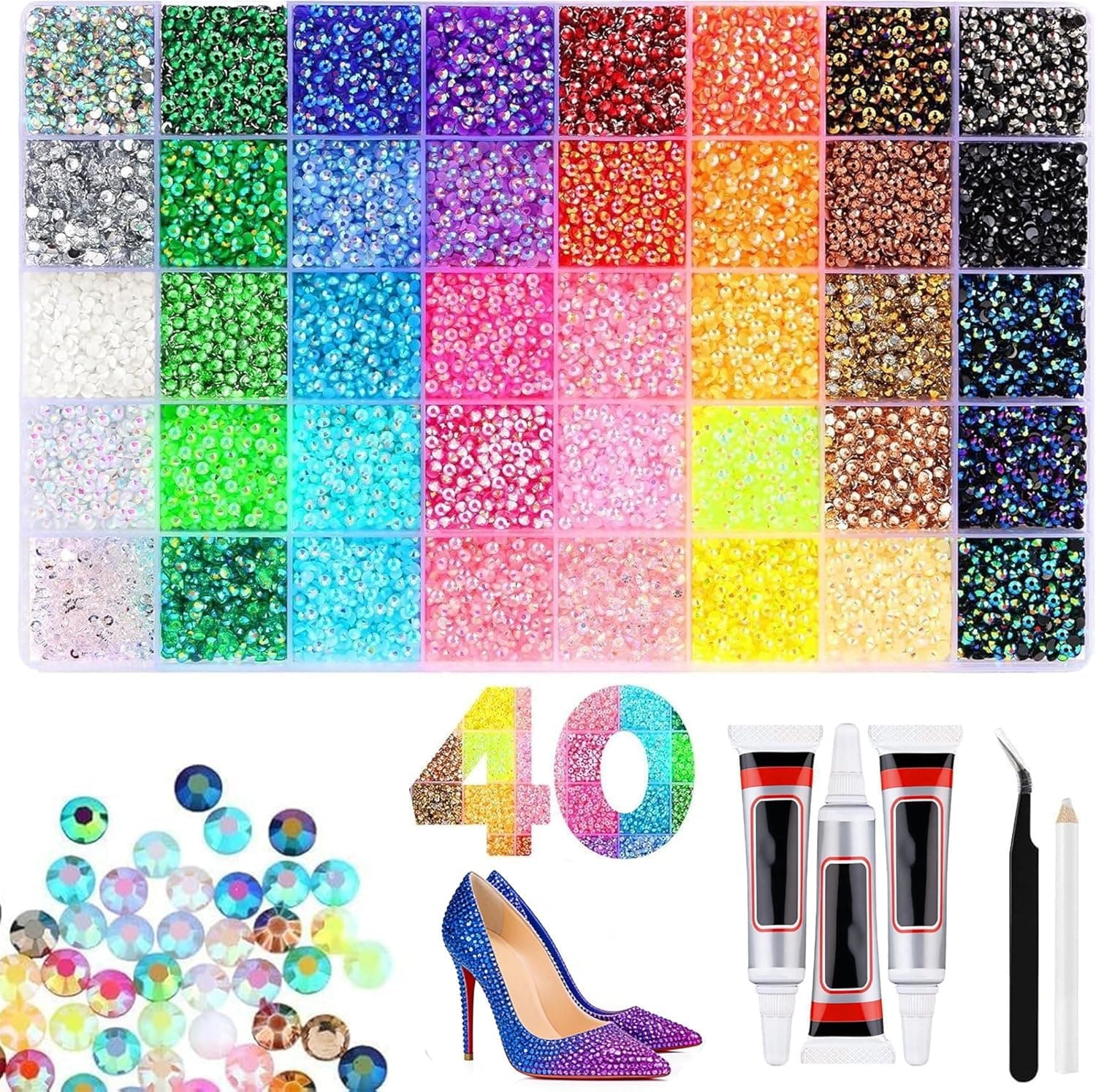 40000Pcs 40 Colors Jelly Rhinestones for Bedazzling, Multicolor 3mm Crystal with 3Pcs 10ml B7000 Jewelry Glue for Bedazzled Nail Art Crafting Makeup (40 Colors) - Image 1