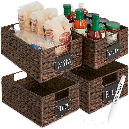 Best Choice Products Set of 4 9x12in Water Hyacinth Pantry Baskets, Woven Organizers w/Chalkboard Label, Chalk Marker - Brown - Image 1