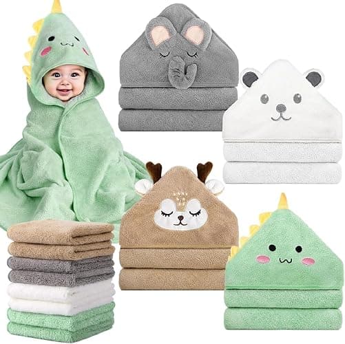 CandyHome 12 PCS Baby Bath Towels Set for Infants Toddlers Essentials | 4 PCS Baby Towels & 8 PCS Washcloths Set, Cute Animal Hooded, Ultra Absorbent & Soft, Newborn Shower Gifts for Boys & Girls - Image 1
