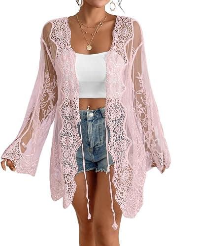 Bsubseach Women's Lace Kimono Lightweight Cardigan Mesh Open Front Back Cut Out Bathing Suit Cover Up Beachwear Swimsuit - Image 1