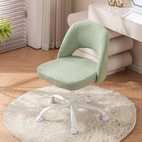 ENYLAY Vanity Office Chair with Wheels, Teddy Fleece Makeup Desk Chair with Curved Hollow Back, Adjustable Swivel Armless Chair for Bedroom, Dressing Room, Small Space (Green) - Image 1