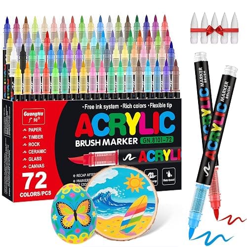 Guangna Acrylic Paint Markers Brush Tip, 72 Vivid Colors with Direct-Liquid Ink Control System, Professional-Grade Paint Pen for Rock Painting, Canvas, Glass, Plastic, Fabric & Creative Crafts - Image 1