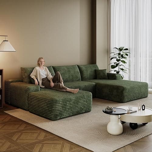 inoevl 107.7" Boneless Sectional Couch Modern Modular U - Shape Corduroy Upholstered Sofa for Living Room - Deep Seat with Chaise and Ottoman(Green, 2 Seater+Right Facing Chaise+Ottoman) - Image 1