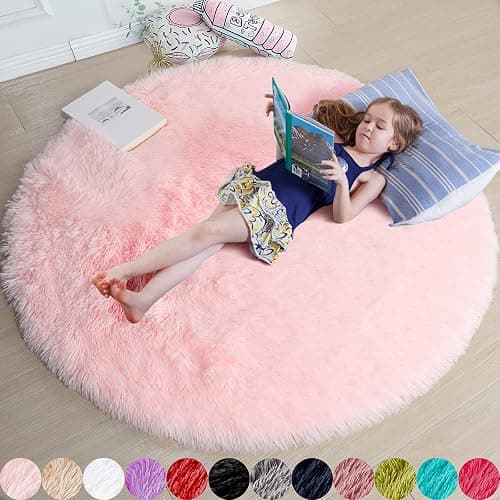Amdrebio Pink Circle Round Fluffy Area Rug 4Ft for Girls Bedroom Kids Room | Fuzzy Shag Plush Furry Carpet, Nursery Classroom Dorm Office Playroom Decor, Cute Princess Aesthetic, Baby Toddler Corner - Image 1
