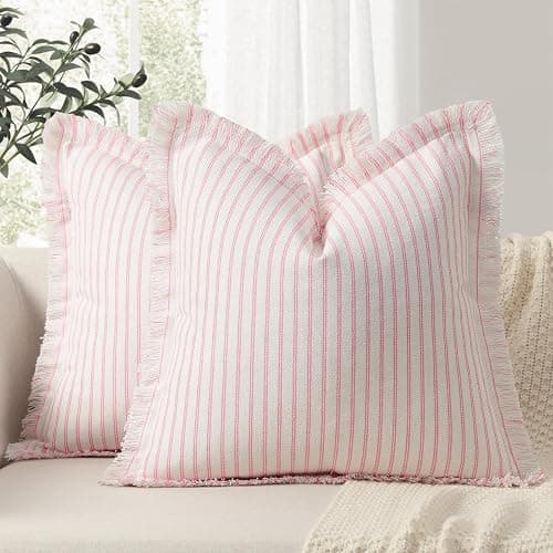 ZWJD Throw Pillow Covers 24x24 Set of 2 Striped Pillow Covers with Fringe Chic Cotton Decorative Pillows Square Cushion Covers for Sofa Couch Bed Living Room Farmhouse Decor, (Pink) - Image 1