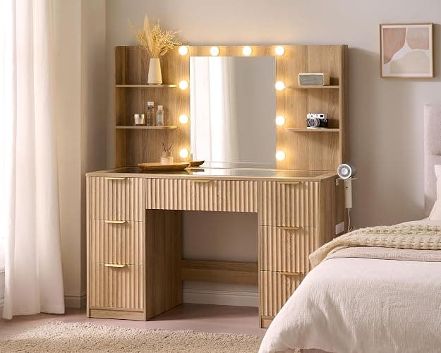 AMERLIFE 47.2" Fluted Vanity Desk with Mirror and Adjustable LED Lights, Large 7 Drawers Makeup Vanity Table with Glass Top and Charging Station for Women and Girls, Bedroom or Dorm, Natural Oak - Image 1