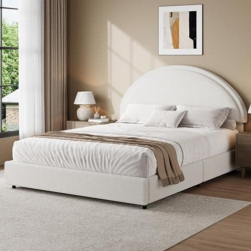 REVOMINCA Full Size Bed Frame with Round Headboard, Upholstered Platform Bed Frame, Boucle Soft Bed Frame, Modern Style, No Box Spring Required, Easy Assembly, White - Image 1