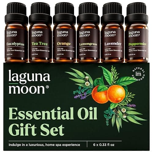 Lagunamoon Essential Oils Aromatherapy Set - 6 Oils for Diffusers, Home Care, Candle Making Scents, Fragrance, Humidifiers, Gifts - Peppermint, Tea Tree, Lavender, Eucalyptus, Orange (10mL) - Image 1