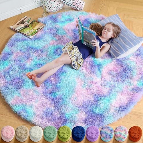 Amdrebio Purple Rainbow Mermaid Shag Round Rug 4Ft for Girls Kids Bedroom | Fluffy Plush Fuzzy Furry Circle Carpet, Nursery Classroom Dorm Playroom Decor, Cutecore Kidcore Aesthetic, Pink Blue Color - Image 1