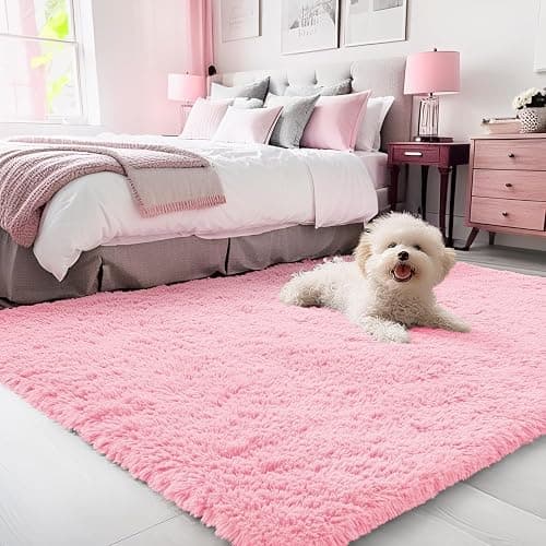 OLANLY 3x5 Machine Washable Small Bedside Rug, Soft Fluffy Shaggy Rugs for Living Room, Bedroom, Indoor Floor Carpet for Kids Girls and Boys, Preppy Dorms, Nursery, Home Decor Aesthetic, Pink - 3' x 5' (Rectangular) - Pink - Image 1